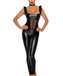 Combinaison wetlook et tulle F256